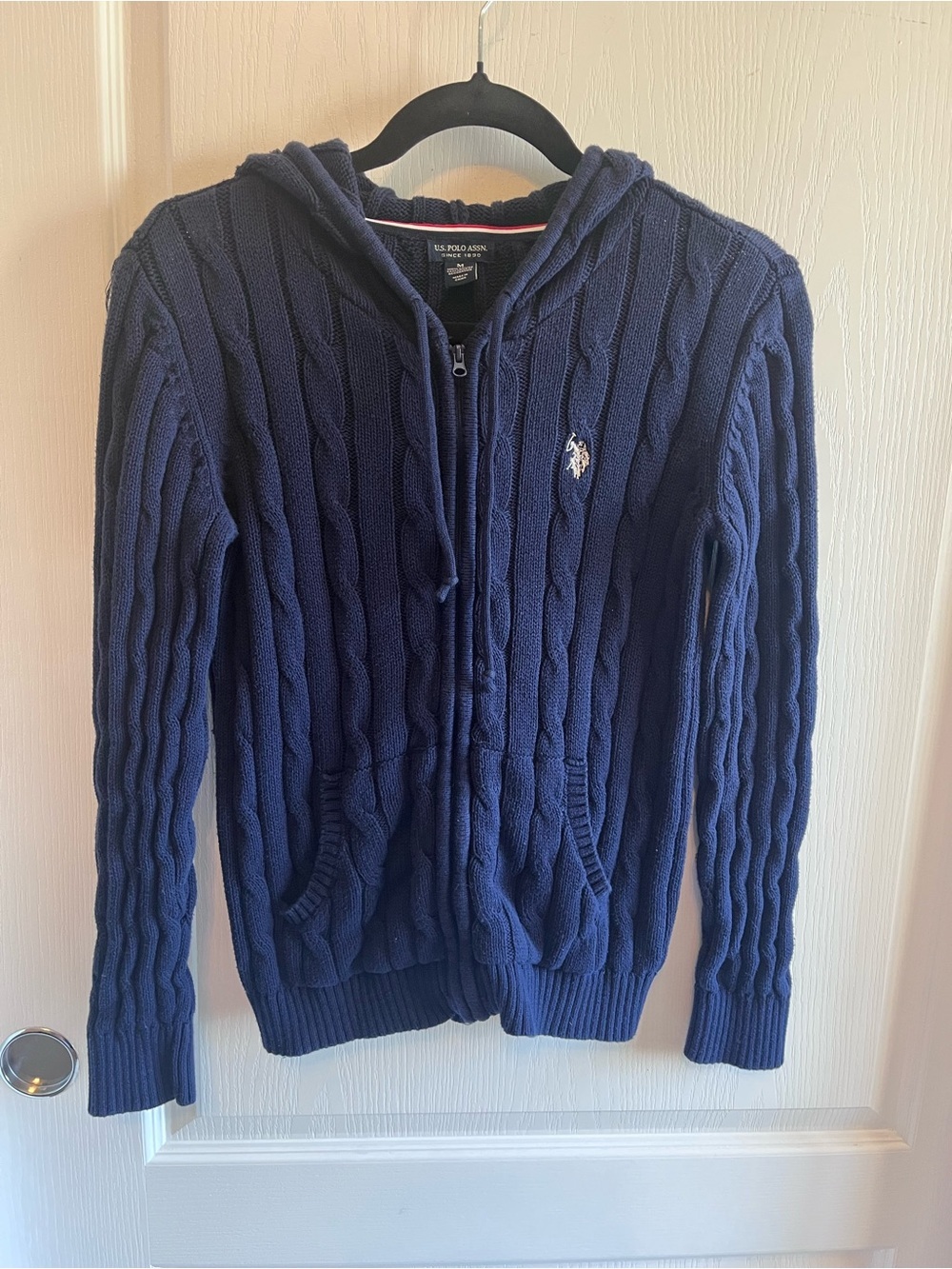 Y2K US Polo Cable Knit Hooded Sweater Zip-up Jacket Size Medium 100% Cotton - Picture 2 of 7